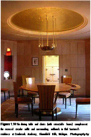 Подпись: Figure 1.10 The dining table and chairs (with retractable leaves) complement the recessed circular soffit and surrounding millwork in Eliel Saarinen's residence at Cranbrook Academy, Bloomfield Hills, Michigan. Photography by Jim Postell, 2009. 