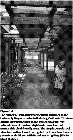 Подпись: Figure 1.4 The author Alison Clark standing at the entrance to the University Daycare centre in Berkeley, California. This is an old building dating back to the 1960s, however, it is intimate in scale and uses light and colour to create memorable child-friendly areas. The simple pergola roof structure with coloured corrugated roof panels welcomes parents and children with its soft warm lighting. (Photo: Mark Dudek.) 