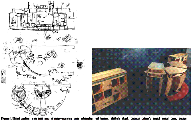 Подпись: Figure 1.18 Hand sketching in the initial phase of design—exploring spatial relationships with furniture, Children's Chapel, Cincinnati Children's Hospital Medical Center. Design sketch by Jim Postell, 1994. 