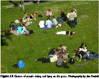 Подпись: Figure 2.4 Clusters of people sitting and lying on the grass. Photography by Jim Postell, 2006. 