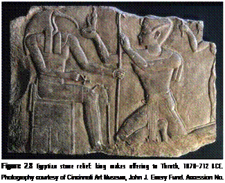 Подпись: Figure 2.8 Egyptian stone relief: king makes offering to Throth, 1070-712 BCE. Photography courtesy of Cincinnati Art Museum, John J. Emery Fund. Accession No. 1945.64. 