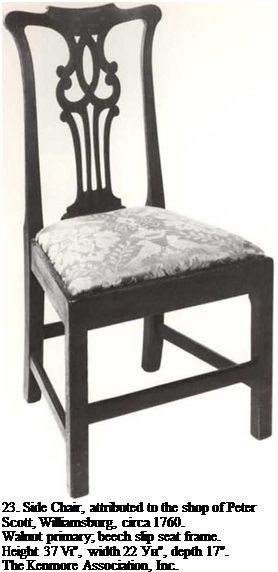 Подпись: 23. Side Chair, attributed to the shop of Peter Scott, Williamsburg, circa 1760. Walnut primary; beech slip seat frame. Height 37 Vi", width 22 Ун", depth 17". The Kenmore Association, Inc. 