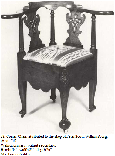 Подпись: 28. Comer Chair, attributed to the shop of Peter Scott, Williamsburg, circa 1765. Walnut primary; walnut secondary. Height 34". width 23", depth 26"'. Ms. Turner Ashby. 