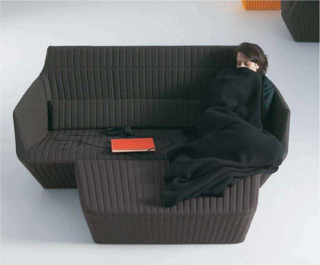 The machine to make a kind of clothes for the sofa,” says Erwan Bouroullec of the Facett collection. “It’s a bridge between clothing and origami paper folding.”