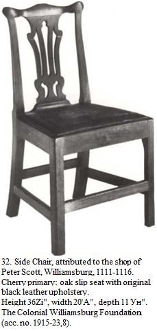 Подпись: 32. Side Chair, attributed to the shop of Peter Scott, Williamsburg, 1111-1116. Cherry primary; oak slip seat with original black leather upholstery. Height 36Zi", width 20'A", depth 11 Ун". The Colonial Williamsburg Foundation (acc. no. 1915-23,8). 