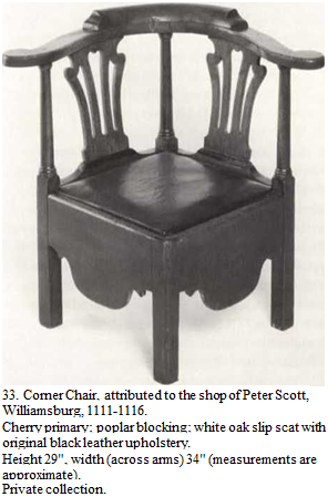 Подпись: 33. Corner Chair, attributed to the shop of Peter Scott, Williamsburg, 1111-1116. Cherry primary; poplar blocking; white oak slip scat with original black leather upholstery. Height 29", width (across arms) 34" (measurements are approximate). Private collection. 
