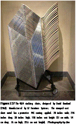 Подпись: Figure 2.37 The 40/4 stacking chairs, designed by David Rowland (1963). Manufactured by GF Furniture Systems. The stamped-out sheet metal has a protective PVC coating applied. 20 inches wide; 21% inches deep; 30 inches high; 15% inches seat height (51 cm wide; 54 cm deep; 76 cm high; 39.6 cm seat height). Photography by Jim Postell, 2006. 