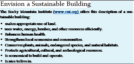 Подпись: Envision a Sustainable Building The Rocky Mountain Institute (www.rmi.org) offers this description of a sus-tainable building: • makes appropriate use of land. • uses water, energy, lumber, and other resources efficiently. • Enhances human health. • Strengthens local economies and communities. • Conserves plants, animals, endangered species, and natural habitats. • Protects agricultural, cultural, and archeological resources. • Is economical to build and operate. • Is nice to live in. 