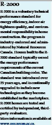 Подпись: R-2000 R-2000 is a voluntary technical performance standard for energy efficiency, indoor air tightness quality, and environ-mental responsibility in home construction. the program is industry-endorsed and admin-istered by Natural Resources Canada. Houses built to the R-2000 standard typically ex-ceed the energy performance requirements of the current Canadian building codes. The standard was introduced over 25 years ago, and is continually upgraded to include new technologies as they become established in the marketplace. R-2000 homes are tested and certified by independent, third- party evaluators. More information is available at www.oee.nrcan.gc.ca. 