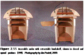 Подпись: Figure 2.55 Accessible ambo with retractable bookshelf, shown in closed and opened positions (1999). Photography by Jim Postell, 2000. 