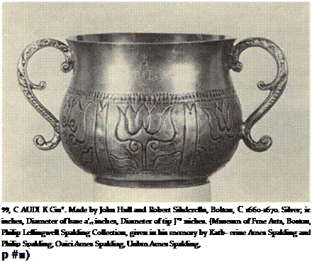 Подпись: 99, C AUDI К Сіп*. Made by John Hull and Robert Sihdcrcfln, Bolton, C 1660-1670. Silver; ir. inches, Diameter of base a'rt inches, Diameter of tip }т* niches. {Museum of Fme Arts, Boston, Philip Lcflingwcll Spalding Collection, given in his memory by Katb- erine Ames Spalding and Philip Spalding, Oaici Ames Spaldiag, Unbm Ames Spalding, p #■) 