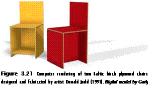 Подпись: Figure 3.21 Computer rendering of two Baltic birch plywood chairs designed and fabricated by artist Donald Judd (1991). Digital model by Carly Snyder. 