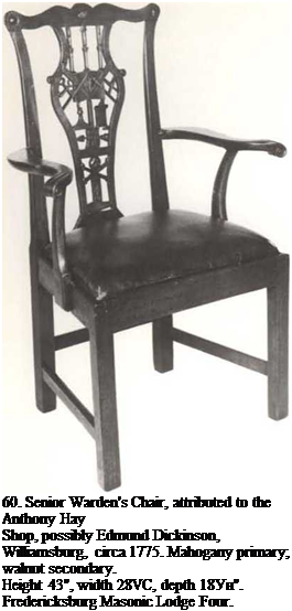 Подпись: 60. Senior Warden's Chair, attributed to the Anthony Hay Shop, possibly Edmund Dickinson, Williamsburg, circa 1775. Mahogany primary; walnut secondary. Height 43", width 28VC, depth 18Ун". Fredericksburg Masonic Lodge Four. 