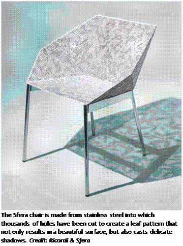 Подпись: The Sfera chair is made from stainless steel into which thousands of holes have been cut to create a leaf pattern that not only results in a beautiful surface, but also casts delicate shadows. Credit: Ricordi & Sfera 