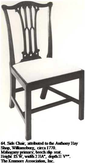 Подпись: 64. Side Chair, attributed to the Anthony Hay Shop, Williamsburg, circa 1770. Mahogany primary; beech slip seat. Height IS W, width 2 HA", depth П V*". The Kenmore Association, Inc. 