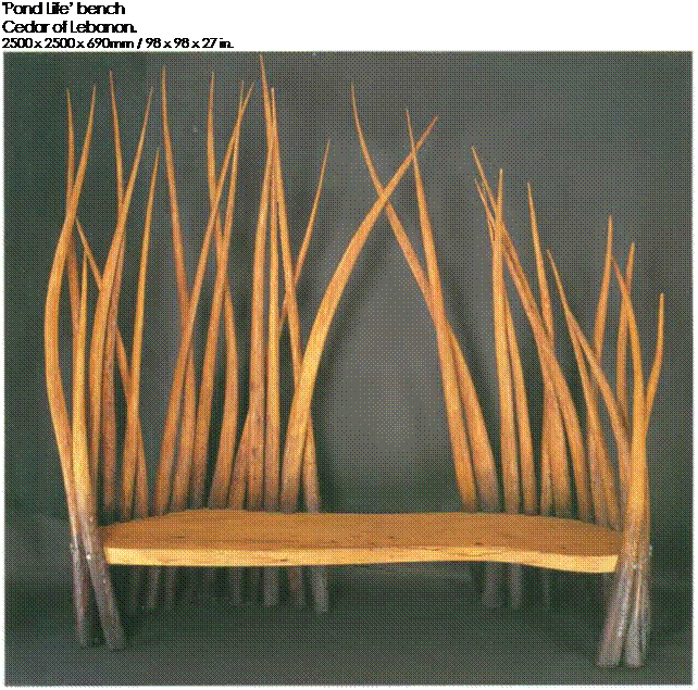 Подпись: 'Pond Life’ bench Cedar of Lebanon. 2500 x 2500 x 690mm / 98 x 98 x 27 in. 