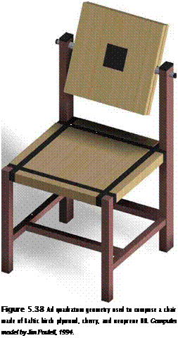 Подпись: Figure 5.38 Ad quadratum geometry used to compose a chair made of Baltic birch plywood, cherry, and neoprene 80. Computer model by Jim Postell, 1994. 