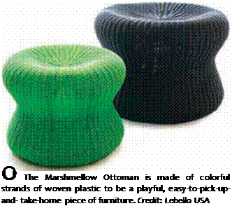 Подпись: 0 The Marshmellow Ottoman is made of colorful strands of woven plastic to be a playful, easy-to-pick-up-and- take-home piece of furniture. Credit: Lebello USA 
