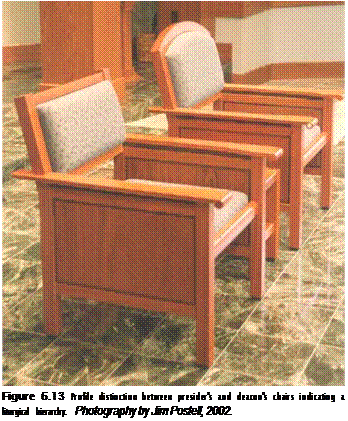 Подпись: Figure 6.13 Profile distinction between presider's and deacon's chairs indicating a liturgical hierarchy. Photography by Jim Postell, 2002. 