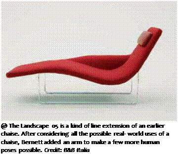 Подпись: @ The Landscape 05 is a kind of line extension of an earlier chaise. After considering all the possible real- world uses of a chaise, Bernett added an arm to make a few more human poses possible. Credit: B&B Italia 