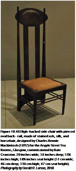 Подпись: Figure 10.48 High-backed side chair with pierced oval back- rail, made of stained ash, silk, and horsehair, designed by Charles Rennie Mackintosh (1897) for the Argyle Street Tea Rooms, Glasgow, commissioned by Kate Cranston. 20 inches wide; 18 inches deep; 53% inches high; 18% inches seat height (51 cm wide; 46 cm deep; 136 cm high; 47 cm seat height). Photography by Gerald R. Larson, 2010. 