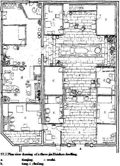 Подпись: 57.1 Plan view drawing of a three-jin Huizhou dwelling. a. tianjing. c. woshi. b. tang. d. chufang. 