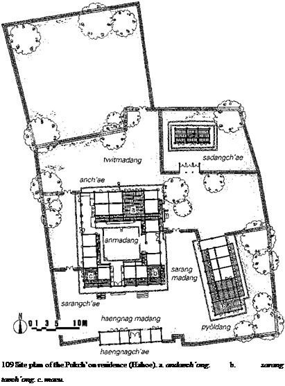 Подпись: 109 Site plan of the Pukch’on residence (Hahoe). a. andaech’ong. b. sarang taech’ong. с. таги. 