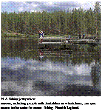 Подпись: 35 A fishing jetty where anyone, including people with disabilities in wheelchairs, can gain access to the water for coarse fishing. Finnish Lapland. 