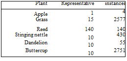 Подпись: Plant Representative instances Apple 1 4 Grass 15 2577 Reed 140 140 Stinging nettle 10 430 Dandelion 10 55 Buttercup 10 2751 