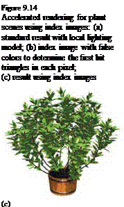 Подпись: Figure 9.14 Accelerated rendering for plant scenes using index images: (a) standard result with local lighting model; (b) index image with false colors to determine the first hit triangles in each pixel; (c) result using index images (c) 