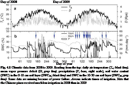 Подпись: Day of 2008 Day of 2009 Day of year Fig. 4.1 Climatic data from 2008 to 2009. Reading from the top: daily air temperature (Ta; black line), mean vapor pressure deficit (D; grey line), precipitation (P; bars, right scale), soil water content (SWC) in the 0-10 cm soil layer (SWC10; black line) and SWC in the 10-30 cm soil layer (SWC30; grey line). Some data are missing because of power failure. Arrows indicate times of irrigation. Note that the Chinese pines received much less irrigation in 2008 than in 2009 