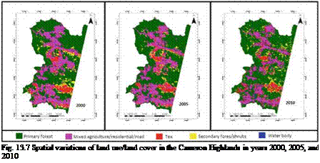 Подпись: Fig. 13.7 Spatial variations of land use/land cover in the Cameron Highlands in years 2000, 2005, and 2010 
